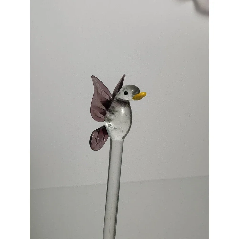 4 Vtg MCM Hand Blown Art Glass Bird Swizzle Stir Sticks Blue Green Yellow Purple